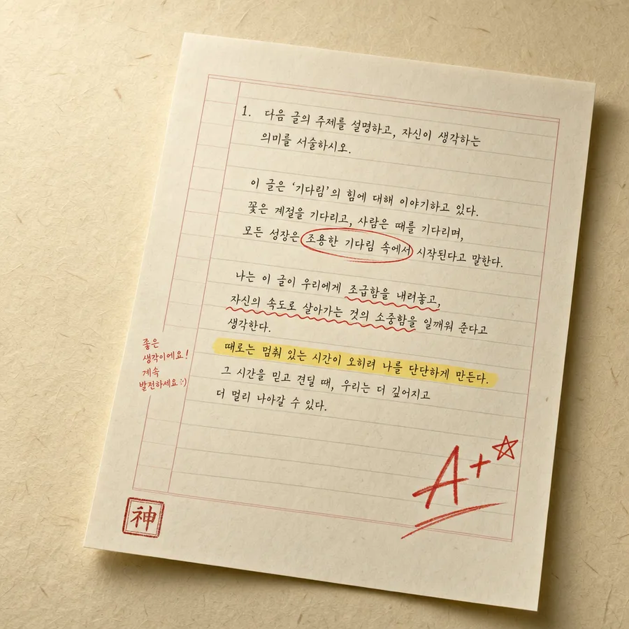 빨간펜으로 첨삭되어 A+를 받은 답안지